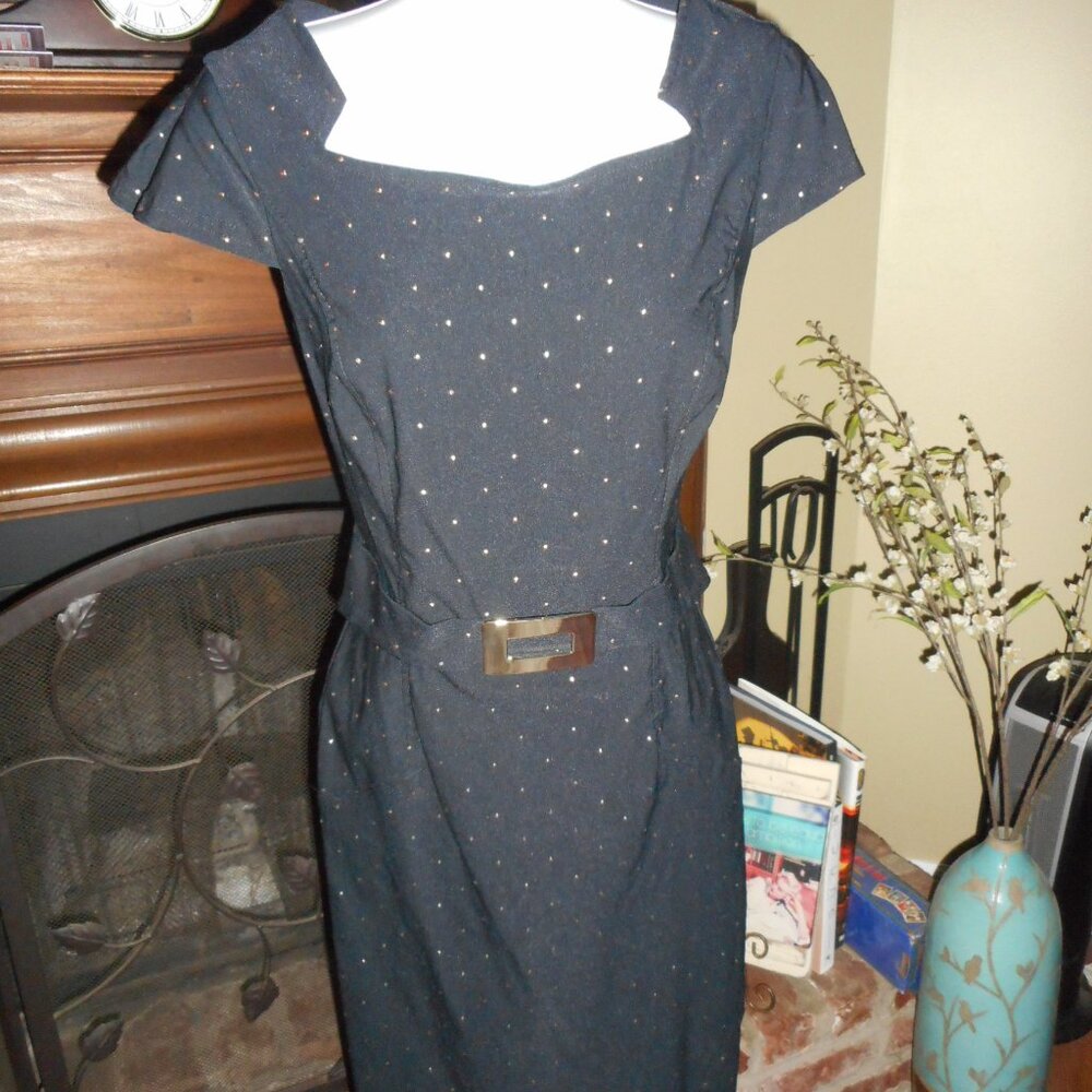 NWOT Joseph Ribkoff Black dress with gold polka dot studs, 8 US